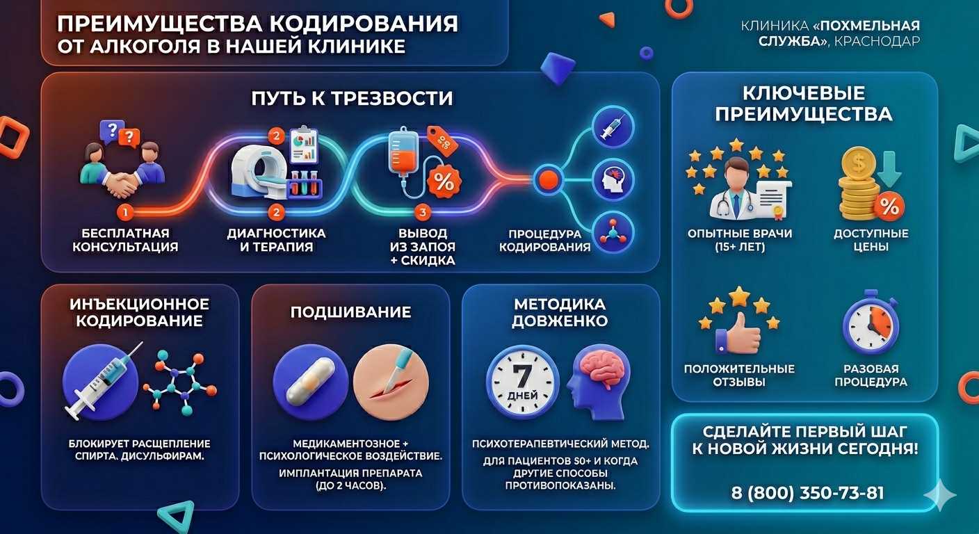 Инфографика о методах кодирования от алкоголя в Бородино: инъекции, подшивание, метод Довженко. Преимущества клиники и этапы лечения.