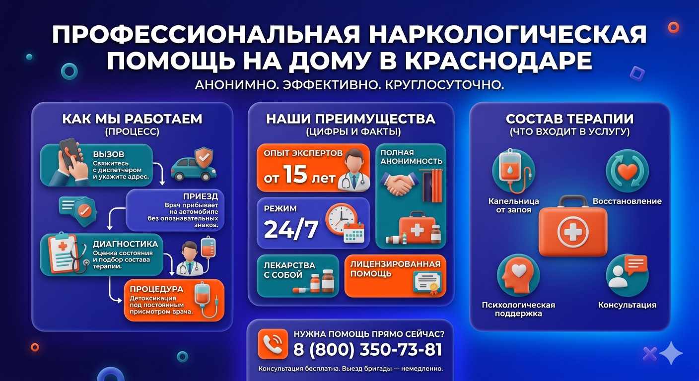 Инфографика о принципах лечения алкоголизма на дому в Бородино: этапы вызова нарколога, преимущества анонимной детоксикации и состав медицинской помощи.